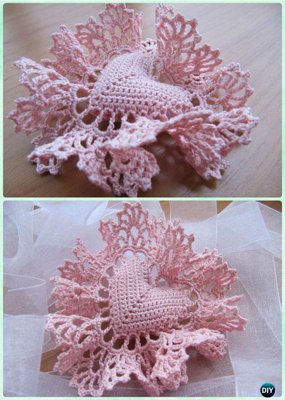 Crochet Vintage Valentine Heart Pillow Fringed Free Pattern- Crochet Heart Free Patterns 