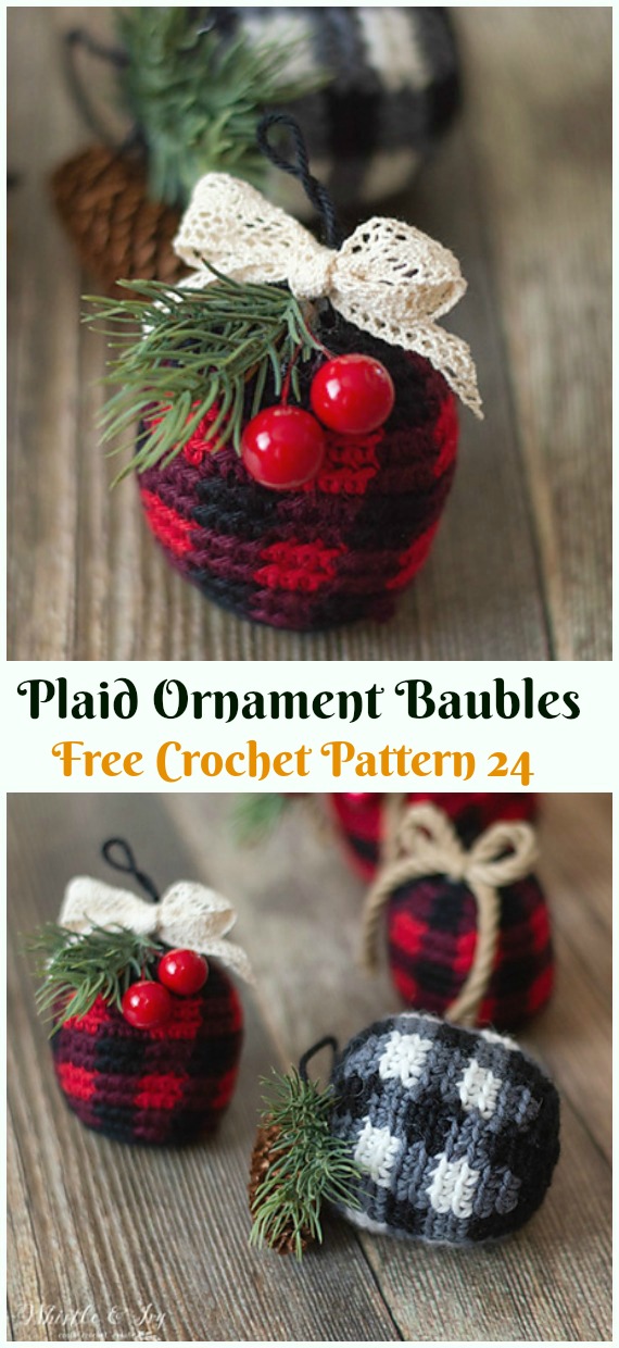 Plaid Ornament Baubles Crochet Free Pattern - DIY #Crochet; #Christmas; #Ornament; Free Patterns