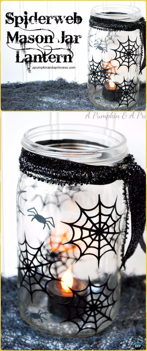 DIY Spiderweb Mason Jar Lantern Tutorial- DIY Halloween Mason Jar Craft Ideas Projects