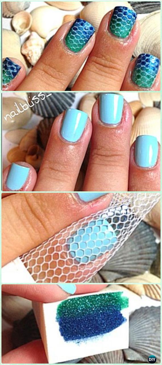 DIY Gradient Mermaid Tail Nail Art Manicure Tutorial with fishnet
