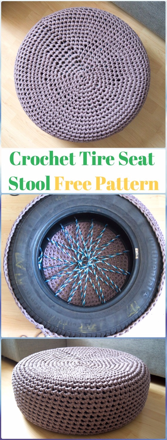 DIY Crochet Tire Seat Stool Free Pattern - DIY Old Tire Furniture Ideas