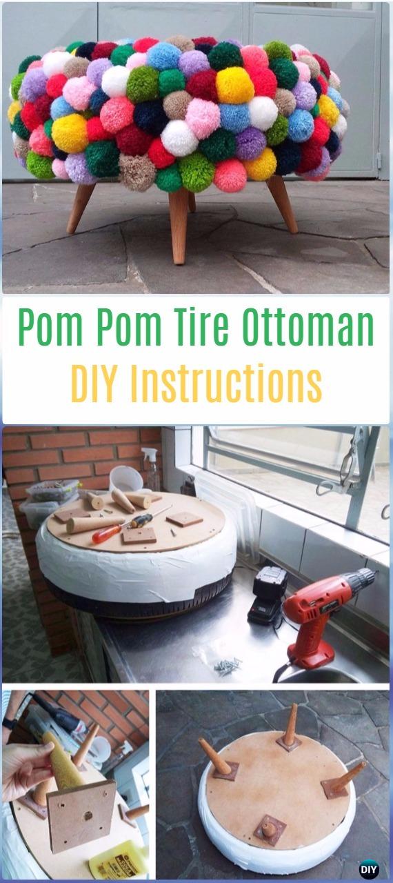 DIY Pom Pom Tire Ottoman Instructions - DIY Old Tire Furniture Ideas