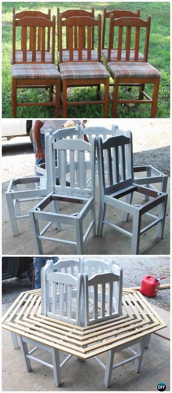 DIY Old Chair Tree Bench Instructions - Outdoor Garden Bench Ideas 