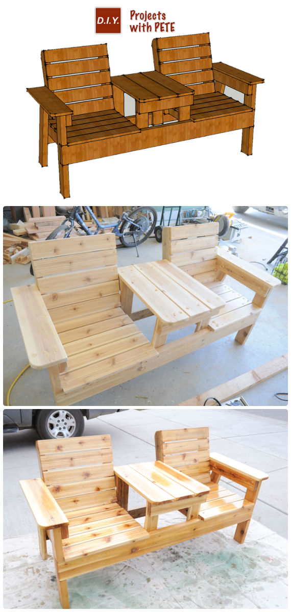 DIY Double Chair Bench with Table Free Plans Instructions - Outdoor Patio Furniture Ideas Instructions 