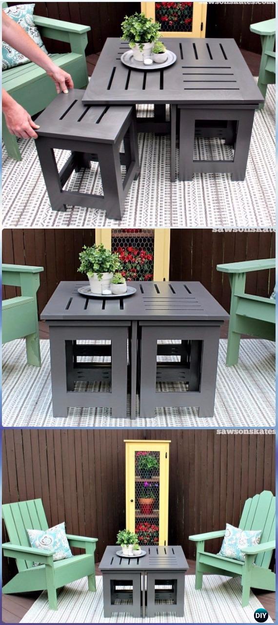 DIY Outdoor Coffee Table with Hidden Side Tables Instructions - DIY Outdoor Table Ideas & Projects Free Plans