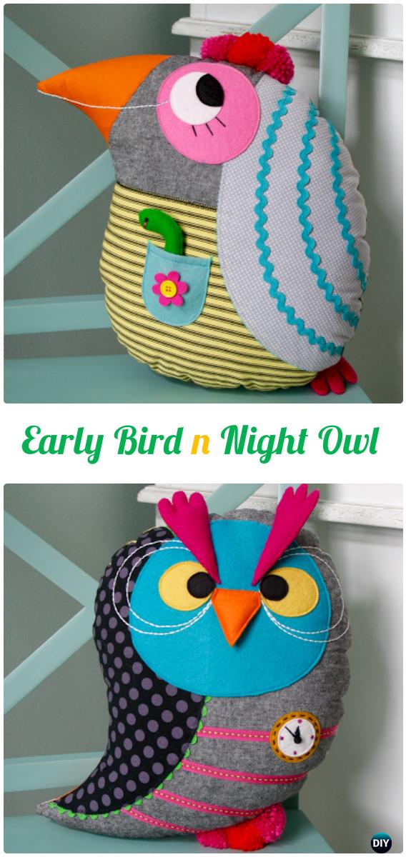 DIY Early Bird Night Owl Reversible Pillow Free Template Instructions-DIY Sew Owl Craft Projects