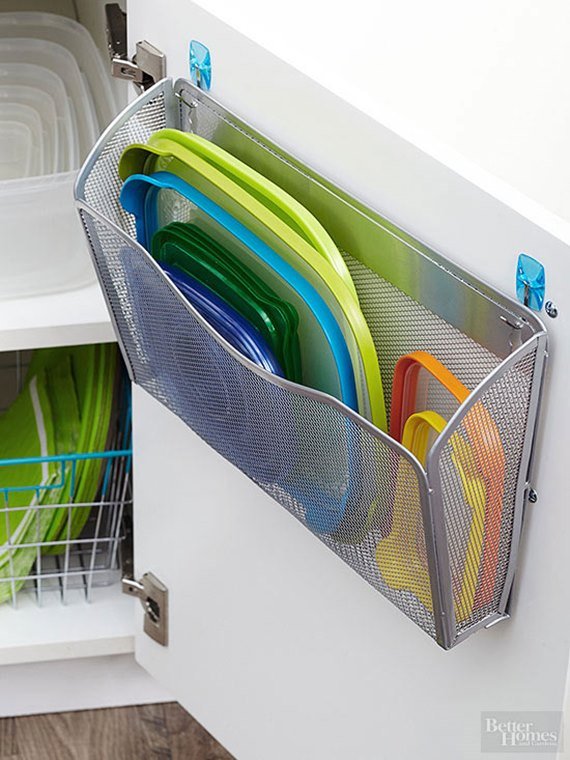 Magazine holder Plastic lids Organizer - DIY Space Saving Hacks to Organize Your Kitchen
