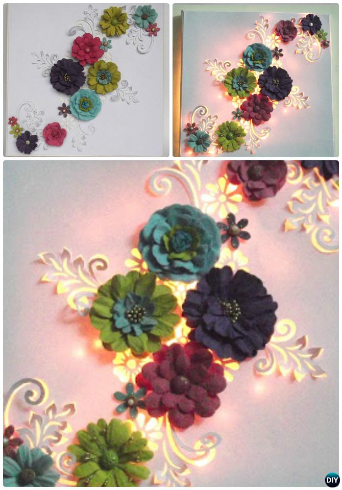 DIY String Light Backlit Canvas Art Ideas Crafts - Light Up 3D Floral Canvas