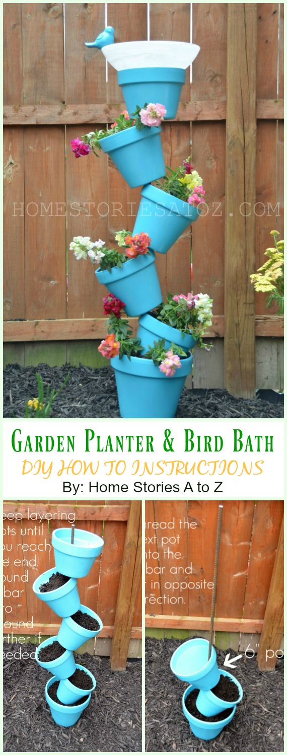 Flower Pot Garden Planter and Bird Bath DIY Instruction - DIY Tipsy #Vertical Pot Planter DIY Projects & Instructions #Gardening