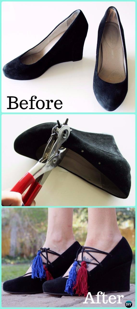 DIY Lace Up Tassel Heel Makeover Instruction - DIY Ways Refashion Heels Tutorials