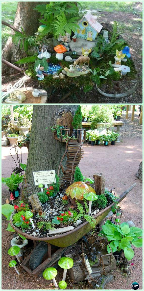 Mobile Wheelbarrow Garden Along Trees - DIY WheelBarrow Miniature Garden Projects 