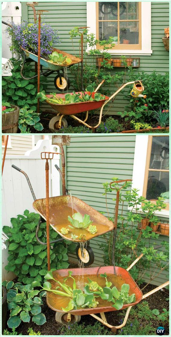 DIY Wheelbarrow Garden Fountain Instruction - DIY WheelBarrow Miniature Garden Projects 