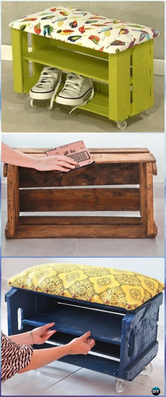 DIY Wood Crate Shoe Bench Instructions - DIY Wood Crate Furniture Ideas Projects