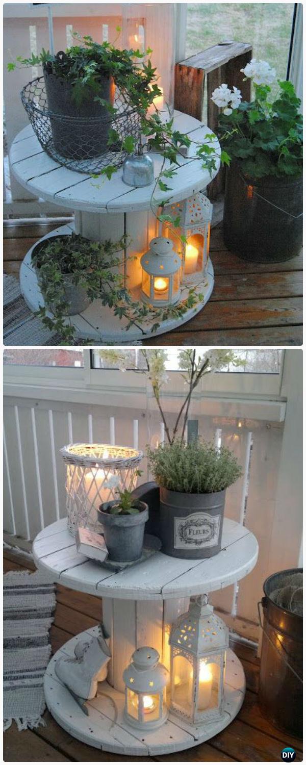 DIY Wire Spool Table Porch Lights Decor - Wood Wire Cable Spool Recycle Ideas