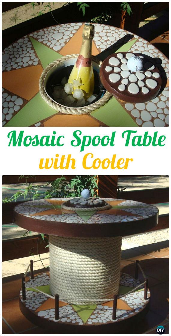 DIY Mosaic Wood Spool Table with Cooler - Wood Wire Spool Recycle Ideas