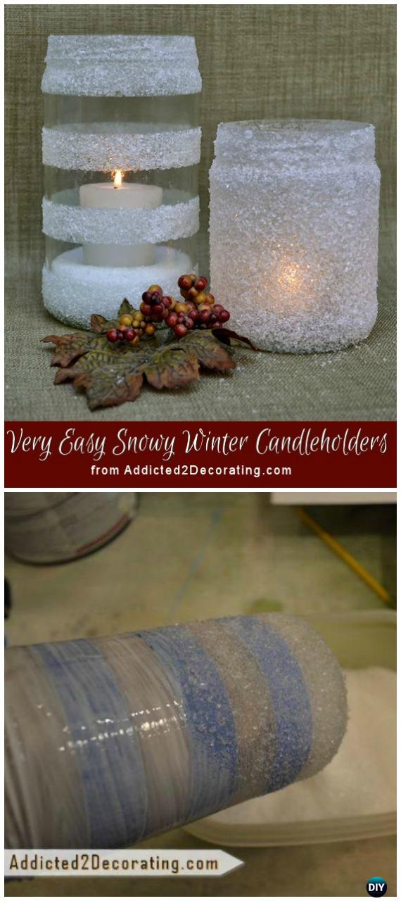 DIY Frosted Snowy Winter Candle Holders Tutorial - Frosted Mason Jar Glass Container Craft Projects DIY Instructions