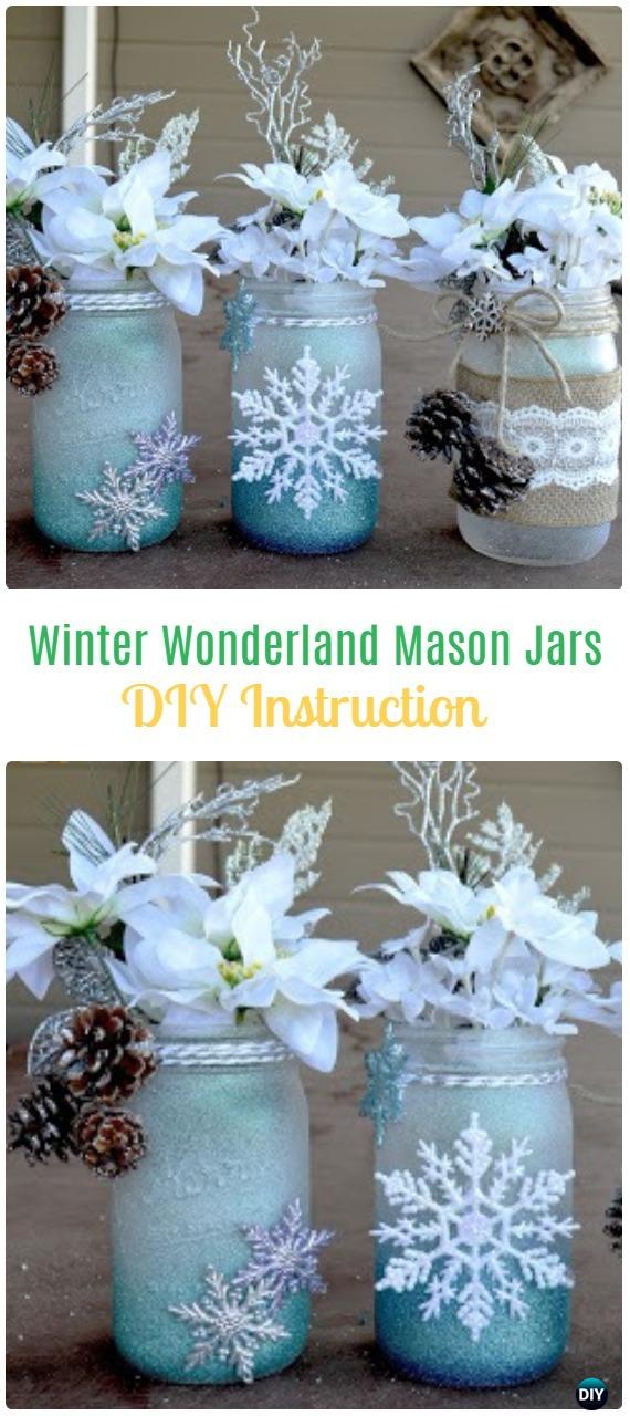 DIY Winter Wonderland Mason Jars Tutorial - Frosted Mason Jar Glass Container Craft Projects DIY Instructions