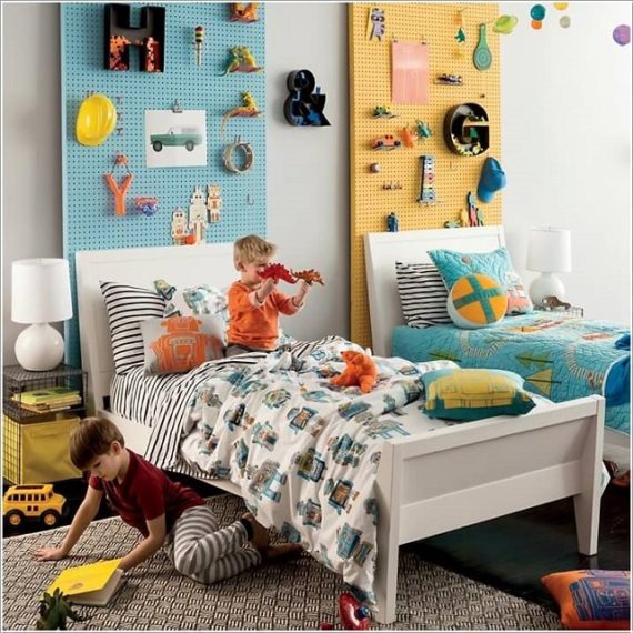 Pegboards Behind Headboard Storage-Space Saving Kids Room Furniture Design and Layout