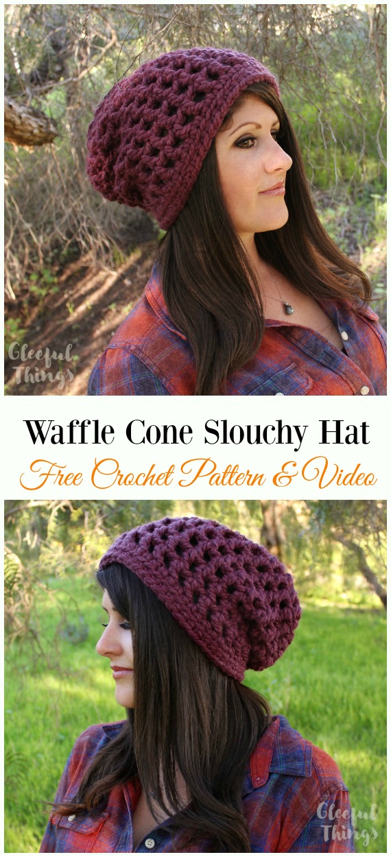 Crochet Waffle Cone Slouchy Hat Free Pattern & Video - Women #Slouchy; Beanie Hat Free #Crochet ;Patterns