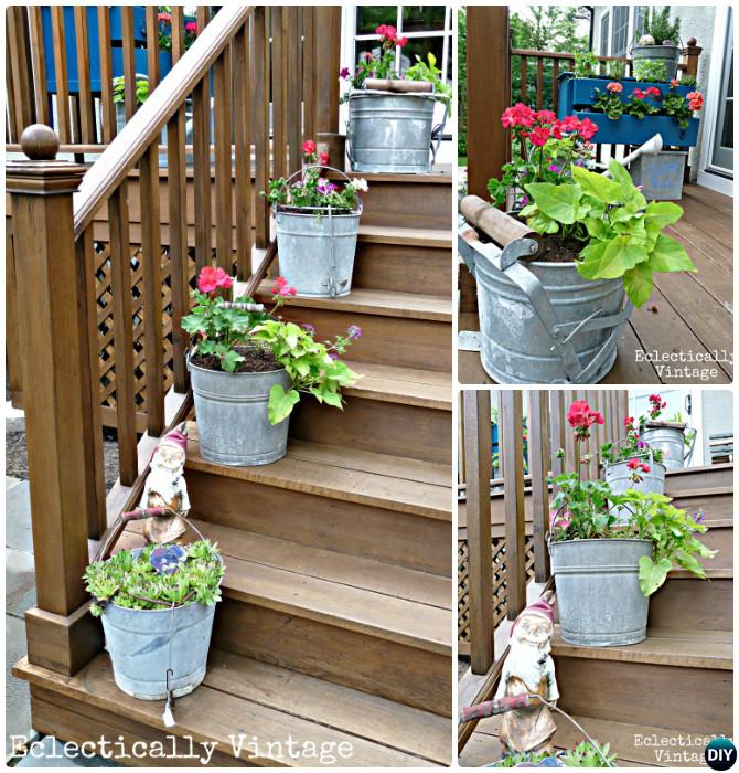 Mop Bucket Planter Front Stairs-20 DIY Porch Decorating Ideas Projects 