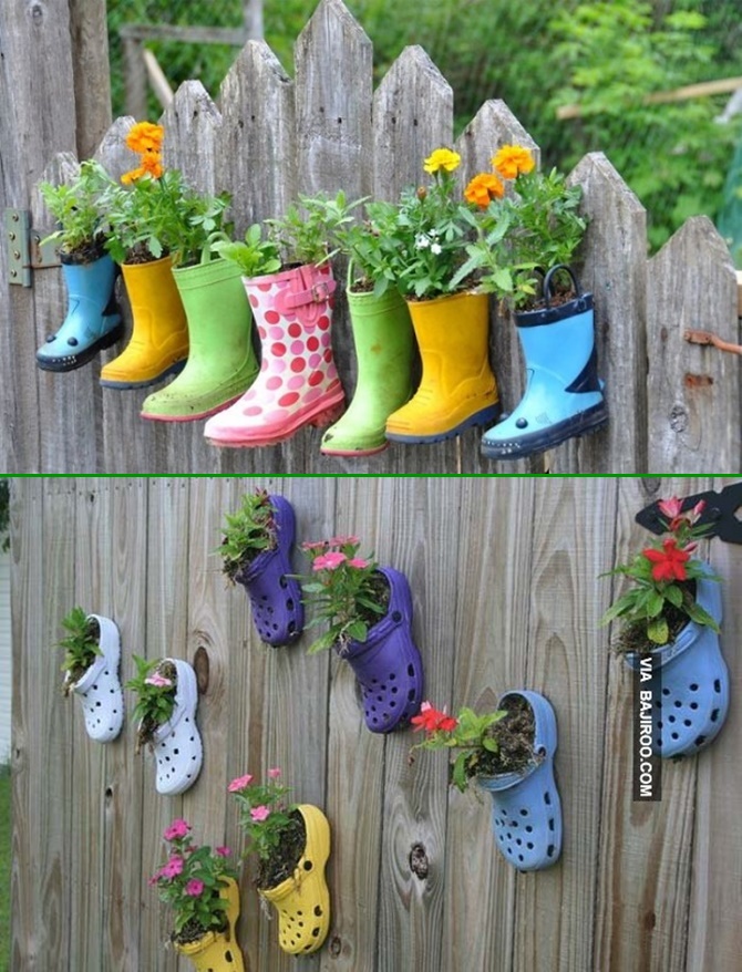 Shoe Planter Garden Fence Decor-20 Backyard Fence Decoration Makeover DIY Ideas 