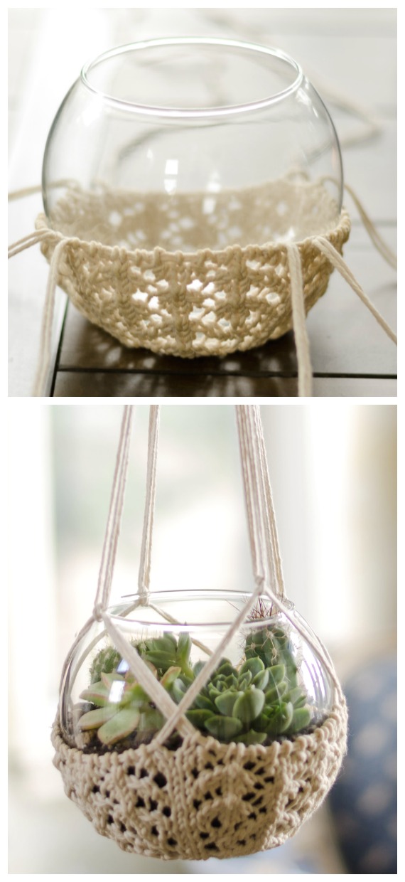 Knitted Terrarium Hanger Knitting Free Pattern - #Crochet; #Planter; Plant Pot Cozy Free Patterns