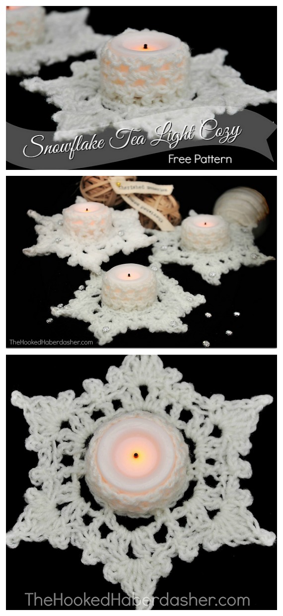 Snowflake Tealight Holder Crochet Free Pattern - Tealight Candle Holder #Crochet; Patterns