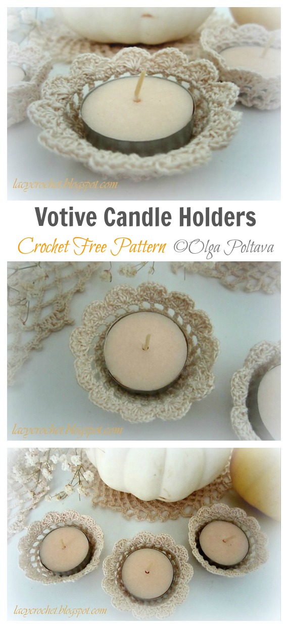 Votive Candle Holders Crochet Free Pattern - Tealight Candle Holder #Crochet; Patterns