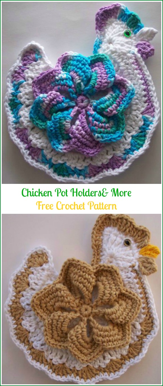 Crochet Chicken Potholder Free Pattern&Video - Easter #Crochet; Chicken #Potholder; Free Patterns