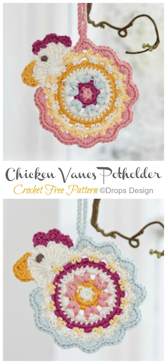 Chicken Vanes Potholder Crochet Free Pattern - Easter #Crochet; Chicken #Potholder; Free Patterns