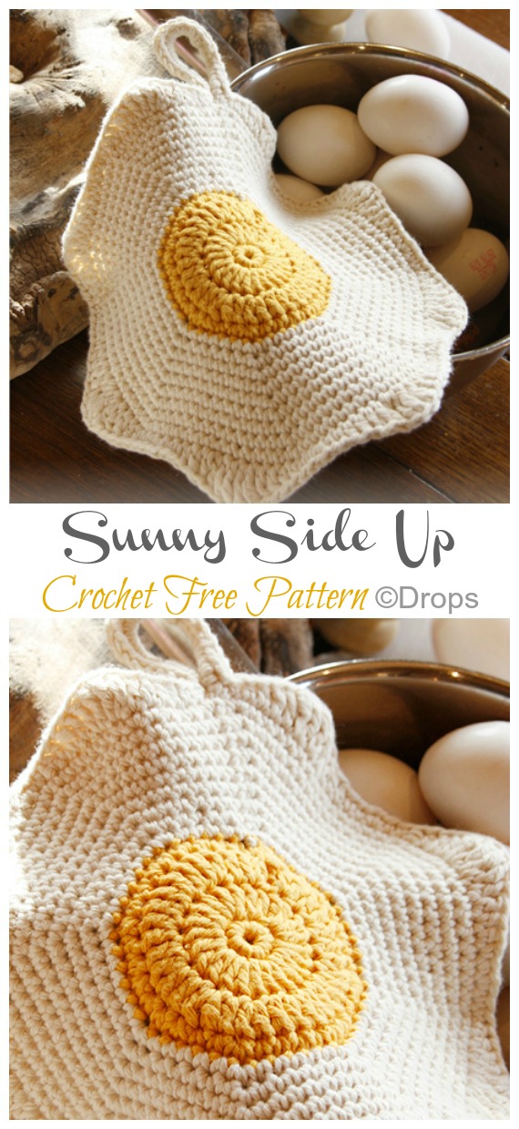 Crochet Sunny Side Up Chicken Egg Potholder Free Pattern  - Easter #Crochet; Chicken #Potholder; Free Patterns
