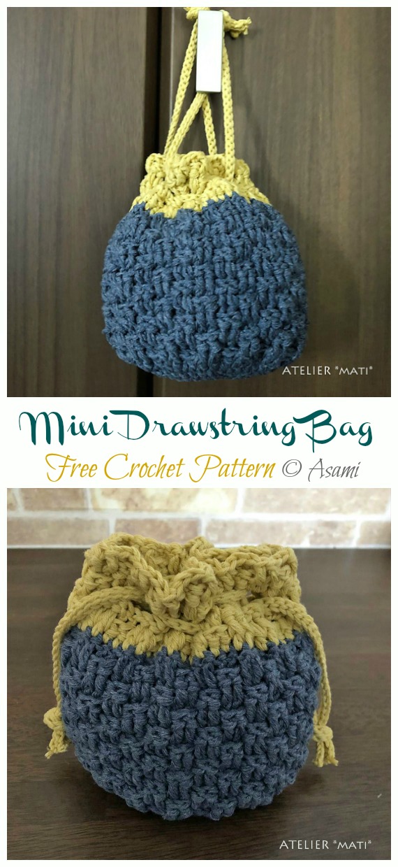 Mini Drawstring bag Crochet Free Pattern - Quick #Drawstring; Gift Bag Free #Crochet; Patterns