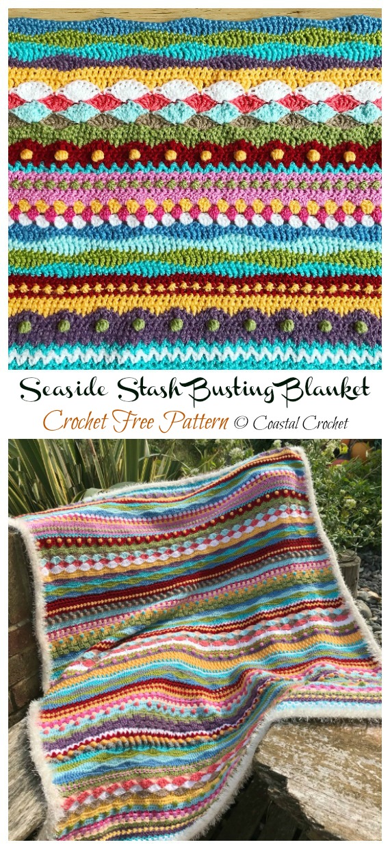 Seaside Stash Busting Blanket Crochet Free Pattern - Yarn #Buster; #Blanket; Free Crochet Patterns