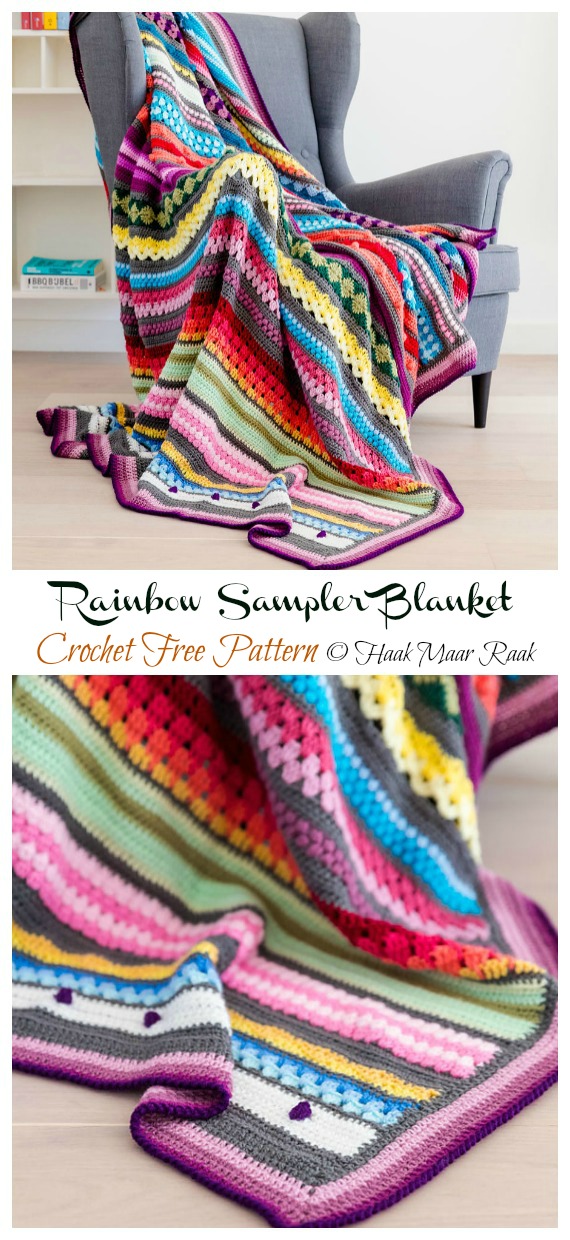 Rainbow Sampler Blanket Crochet Free Pattern - Yarn #Buster; #Blanket; Free Crochet Patterns