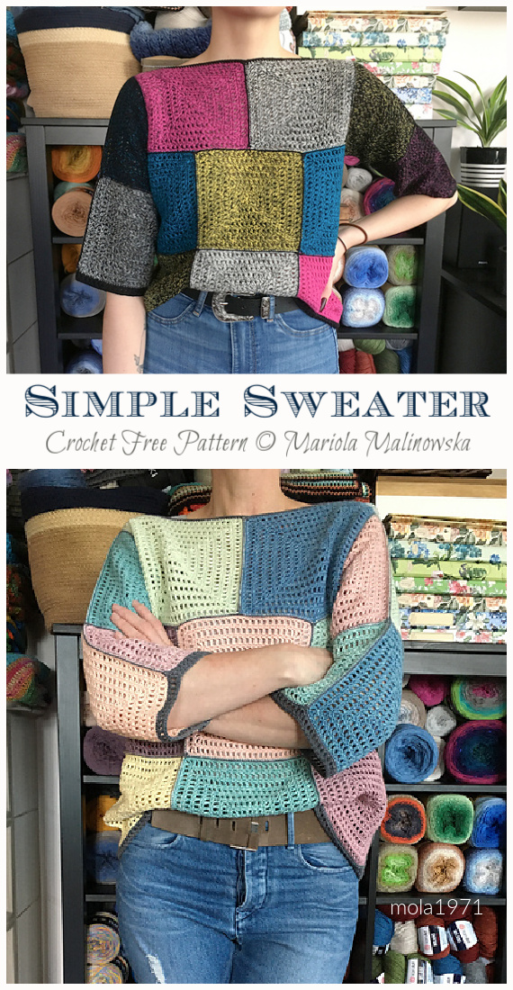 Simple Sweater Free Crochet Pattern - #Granny; Squares Summer #Top; Crochet Free Patterns