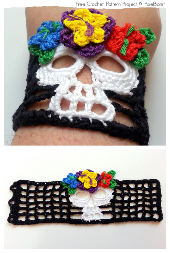 Dead Skull Bracelet Free Crochet Patterns #Crochet; #Skull; #Halloween;