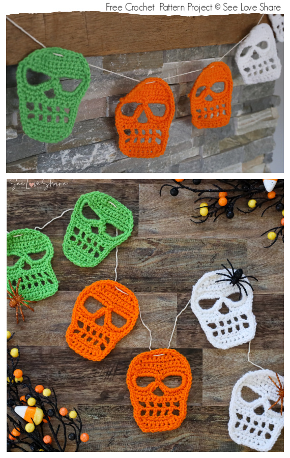 Halloween Skull Garland Free Crochet Patterns #Crochet; #Skull; #Halloween;