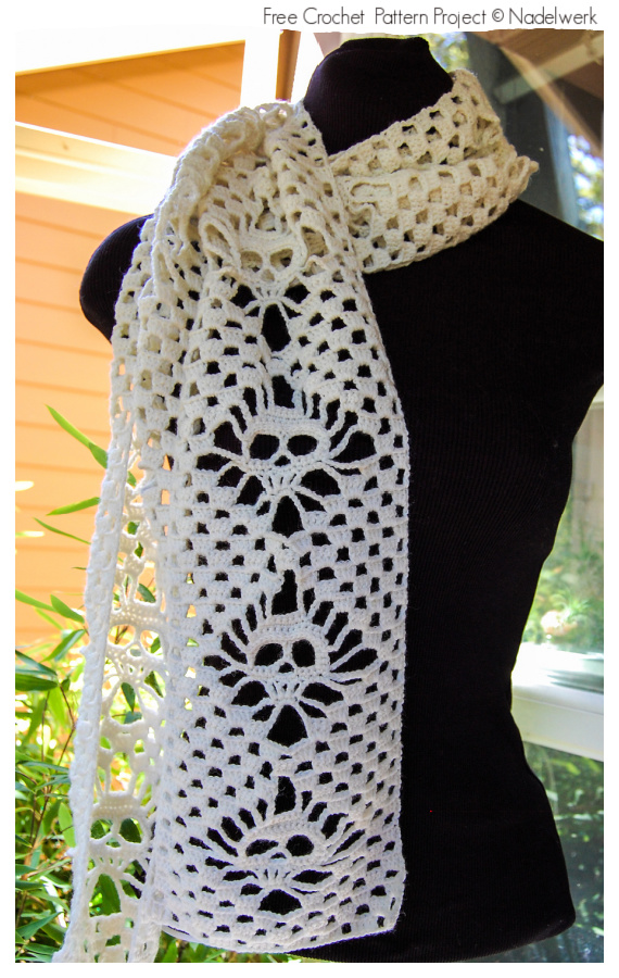 Narrow Crochet Skull Scarf Free Crochet Patterns #Crochet; #Skull; #Halloween; #Scarf;