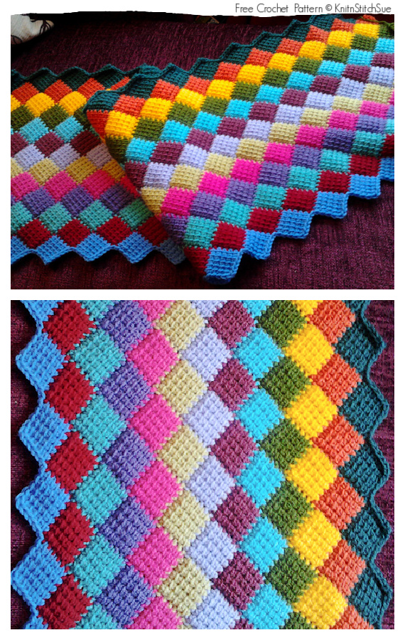 Tunisian Entrelac Throw Blanket  Crochet Free Pattern