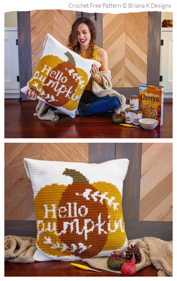Hello Pumpkin Pillow Free Crochet Patterns #Crochet; #Pillow; #Fall