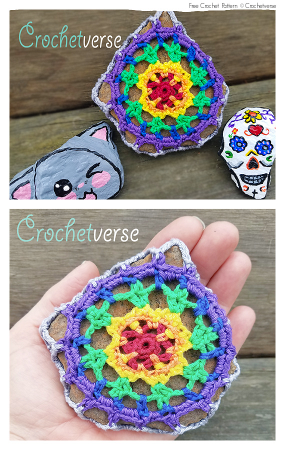 Crochet Rainbow Mini Mandala Rock Free Pattern-#Crochet; Pebble #Stone;