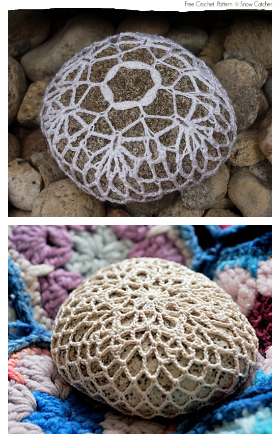 Crochet Snowflake Stone Rock Free Pattern-#Crochet; Pebble #Stone;
