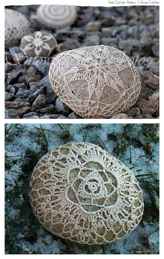 Crochet Snowflake Stone Rock Free Pattern-#Crochet; Pebble #Stone;