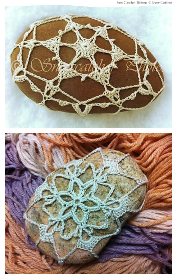 Crochet Snowflake Stone Rock Free Pattern-#Crochet; Pebble #Stone; 
