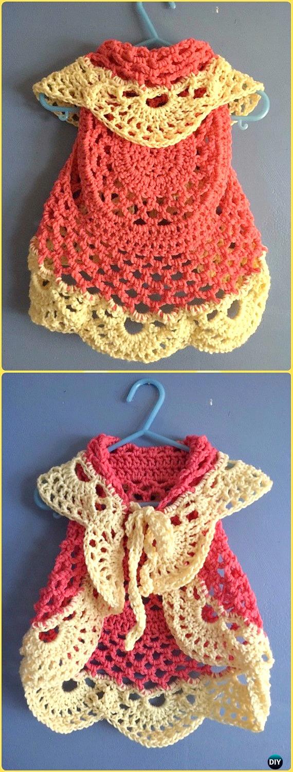 Patrones gratis de abrigo y suéter con chaleco circular para niña a crochet