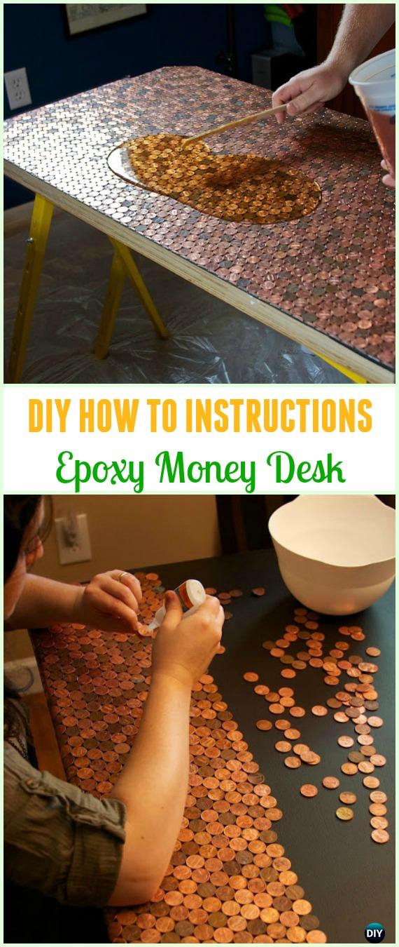 DIY Epoxy Money Desk Tutorial - Cool DIY Ways to Decorate Home & Garden with Pennies #Recycle; #Penny; #HomeDecor
